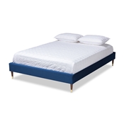 Baxton Studio Volden Glam and Luxe Navy Blue Velvet Fabric Upholstered Queen Size Wood Platform Bed Frame with Gold-Tone Leg Tips